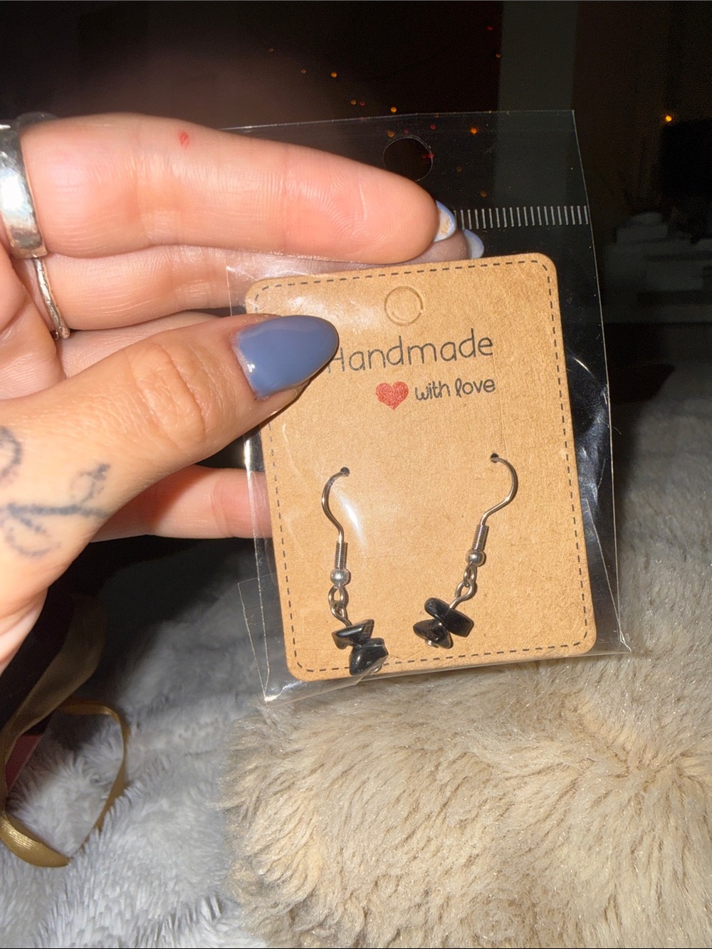 Handmade Black natural black obsidian stainless steel Dangle Earrings